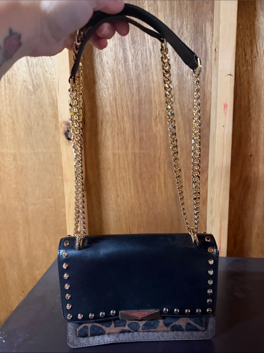 Michael Kors Black and Gold Chain-Accent Shoulder Bag with Leopard Trim